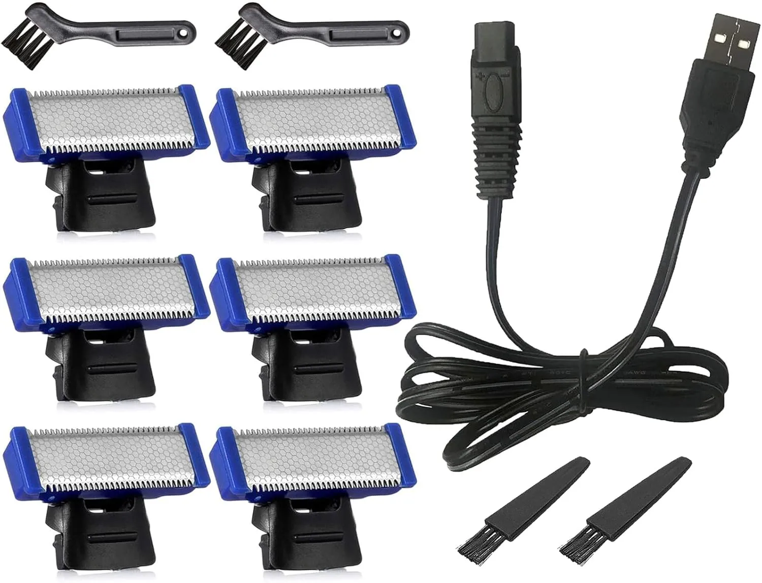 USB Charger Cord Compatible for Gen 1 Microtouch Solo Electric Shaver Bundle with 6 Replacement Shaver Heads, 4 Clean Brushes
