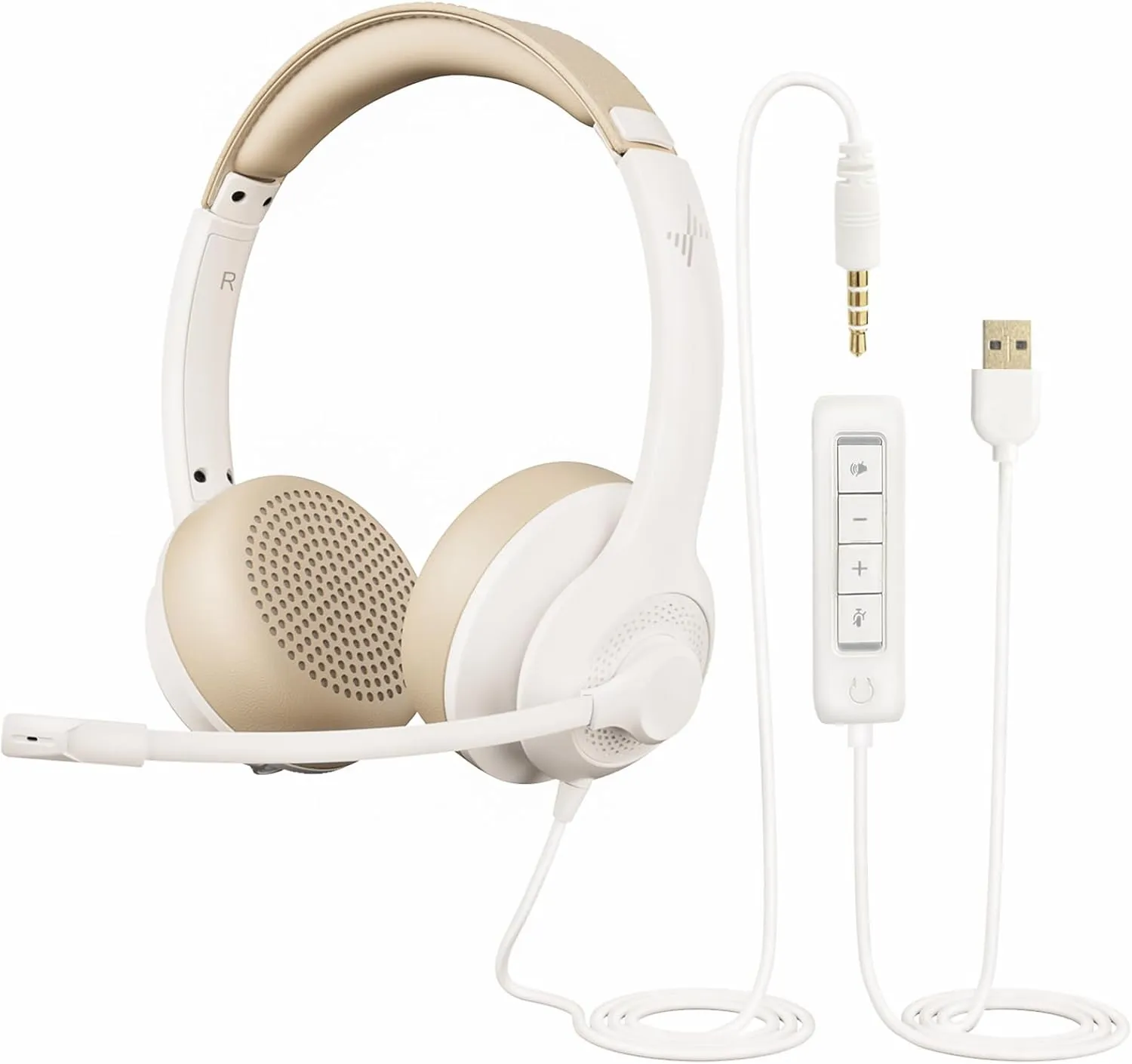 USB Headset with Microphone for PC, On-Ear Computer Laptop Headphones with Noise Cancelling Mic in-line Control for Home Office Online Class Zoom (USB 3.5mm, White)