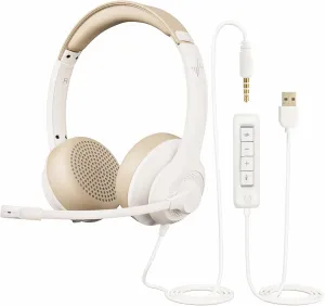 USB Headset with Microphone for PC, On-Ear Computer Laptop Headphones with Noise Cancelling Mic in-line Control for Home Office Online Class Zoom (USB 3.5mm, White)