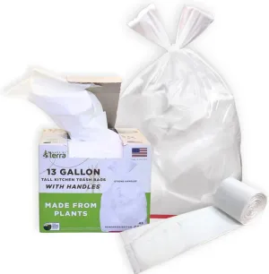 USDA Certified - Plant Based Kitchen Trash Bags with HANDLES, 13 Gallon Standard Size - 45 Bags