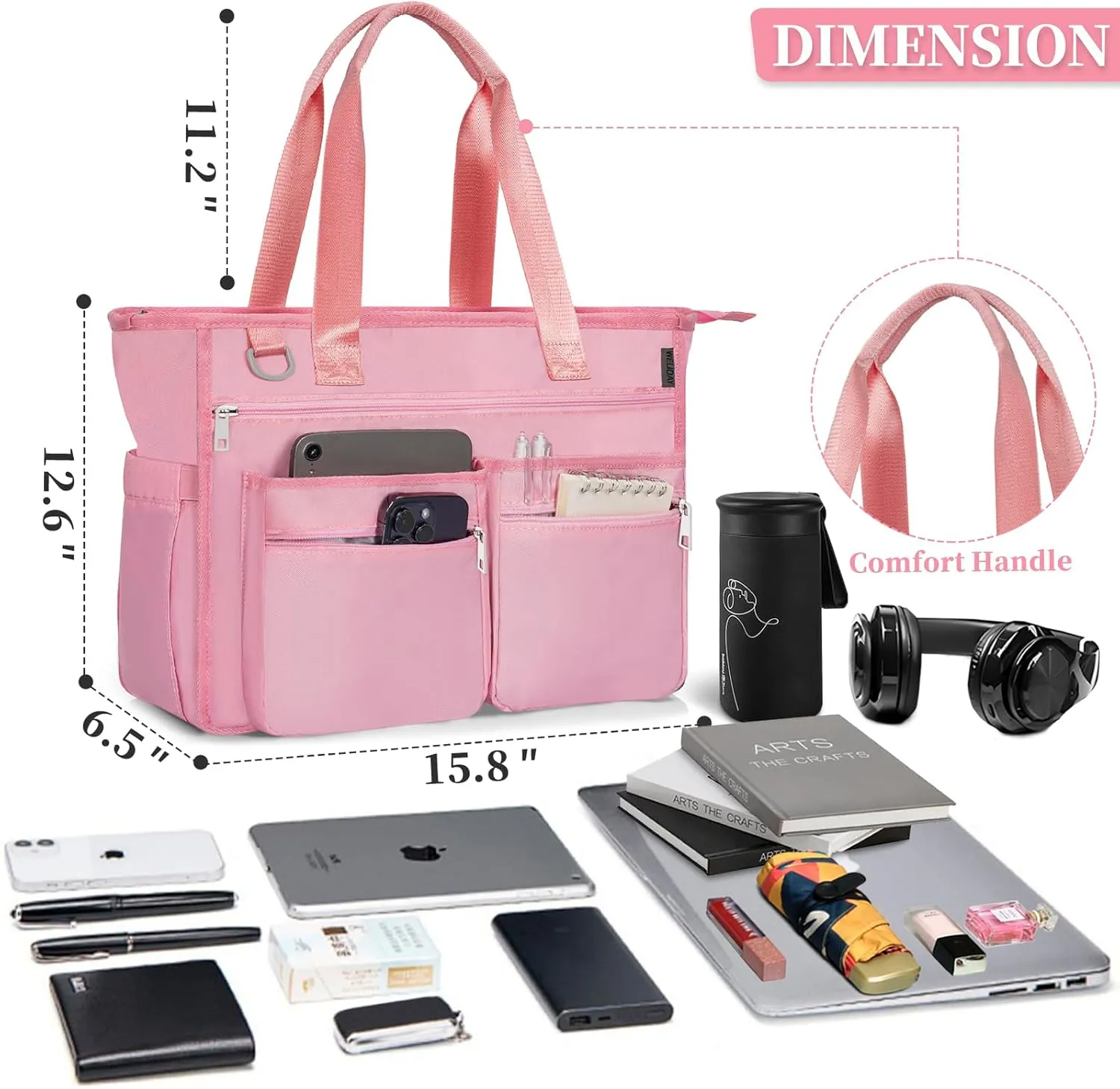 Utility Tote Bag For Women, Teacher Shoulder Bag with Multiple Pockets, Laptop Handbag with Zipper for Gym, Work