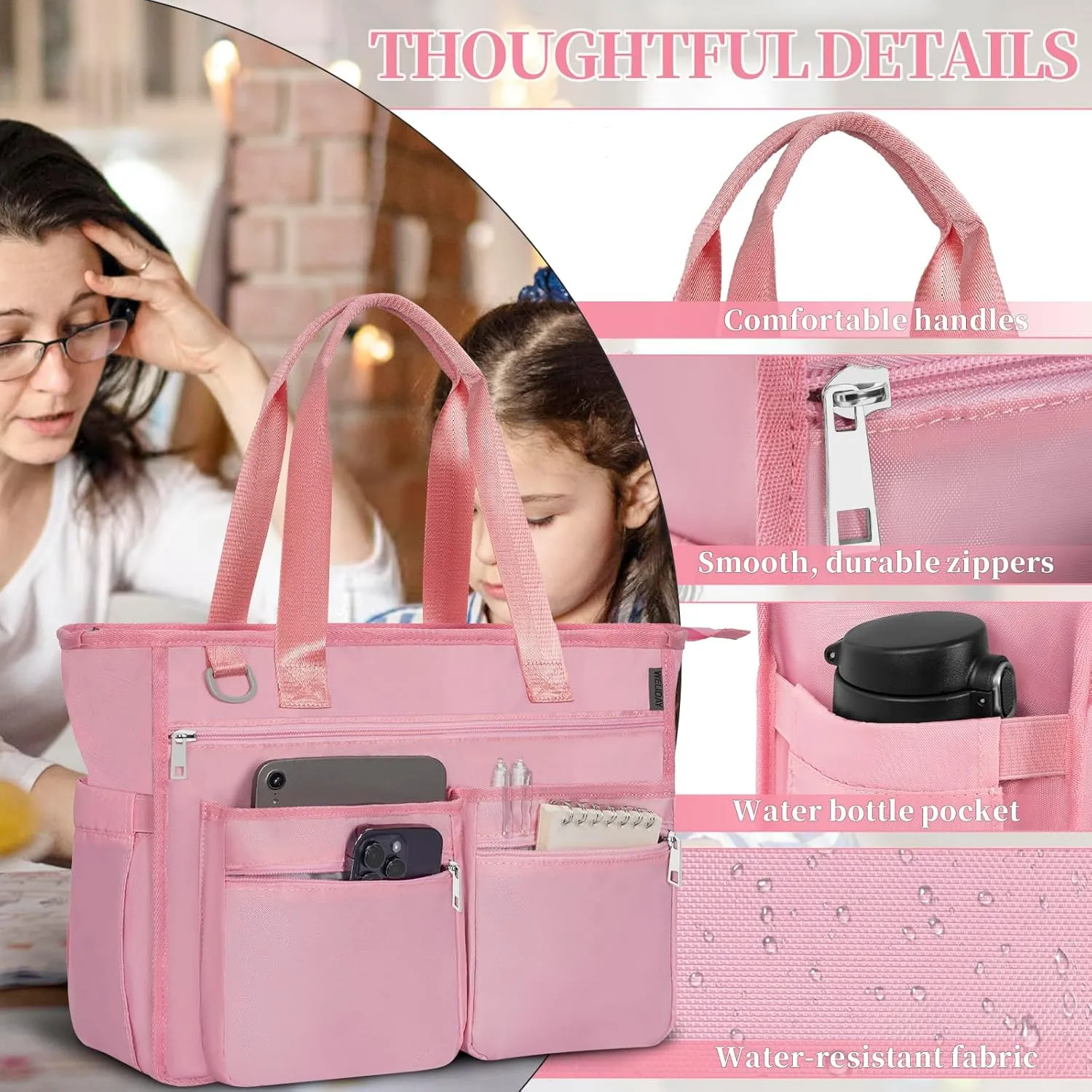 Utility Tote Bag For Women, Teacher Shoulder Bag with Multiple Pockets, Laptop Handbag with Zipper for Gym, Work