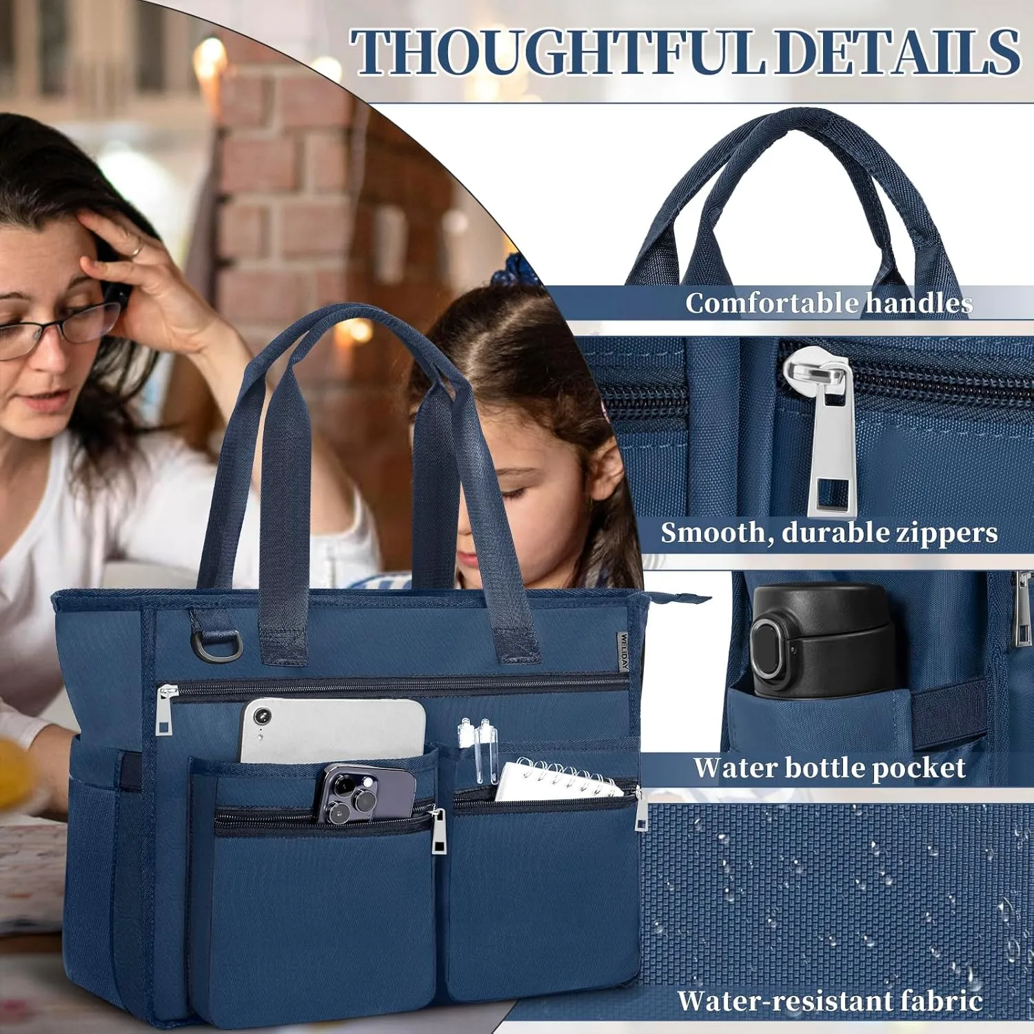 Utility Tote Bag For Women, Teacher Shoulder Bag with Multiple Pockets, Laptop Handbag with Zipper for Gym, Work