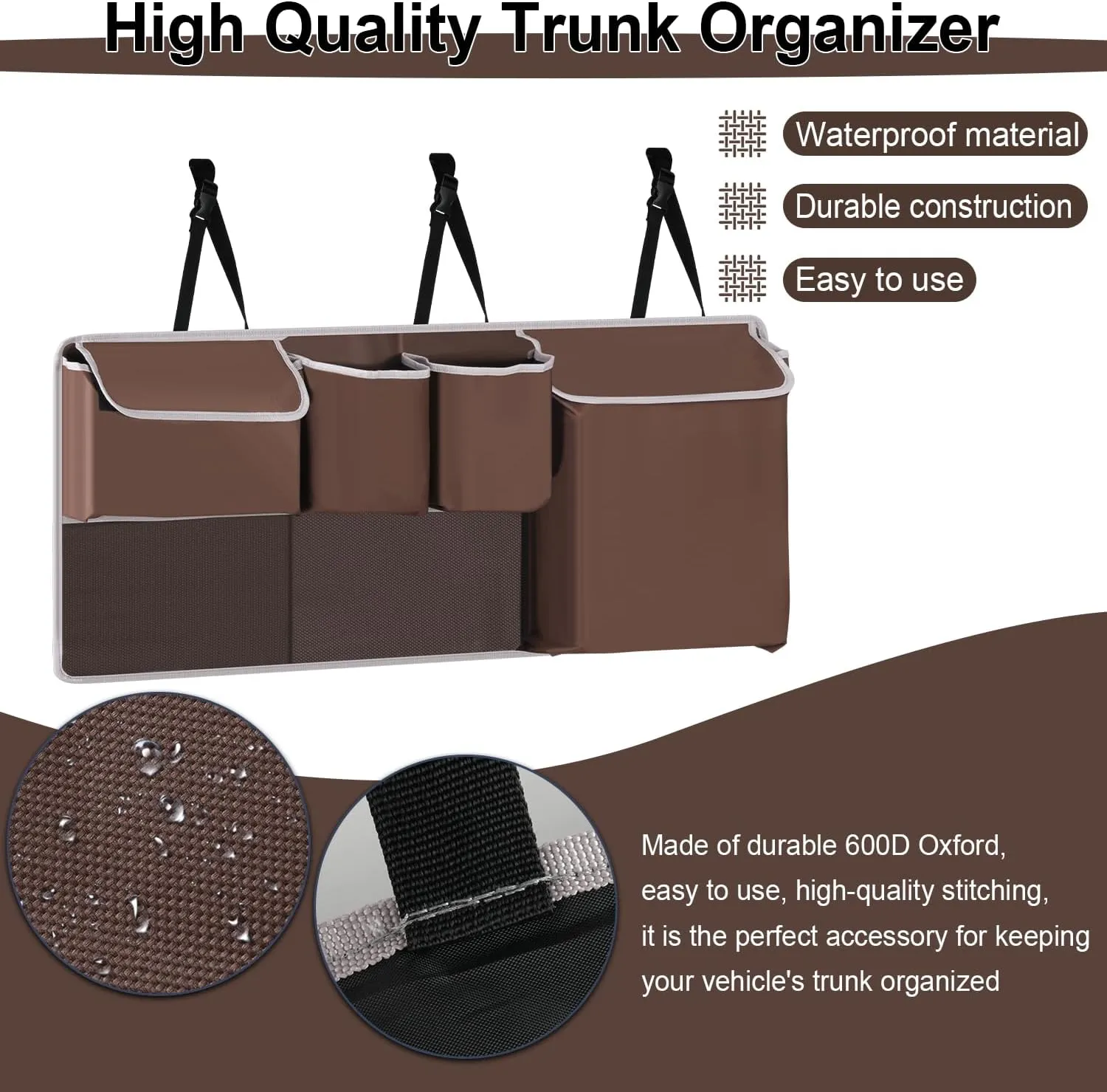 UYYE Trunk Hanging Organizer, Backseat Storage Bag, Collapsible Car Interior Accessories with 4 Pockets & 2 Mesh Pouches for Tools, Provide More Storage Trunk Space for SUV, Jeep, MPVs (Brown)