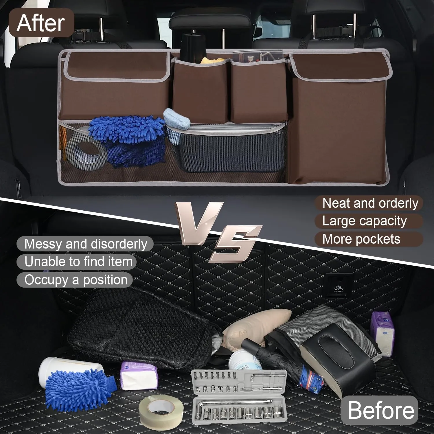UYYE Trunk Hanging Organizer, Backseat Storage Bag, Collapsible Car Interior Accessories with 4 Pockets & 2 Mesh Pouches for Tools, Provide More Storage Trunk Space for SUV, Jeep, MPVs (Brown)