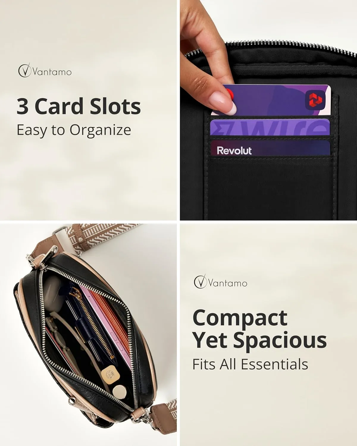 Vantamo Crossbody Bags For Women with Adjustable Strap, Premium PU Leather Purses for Women, Anti-Pickpocket Clip & Gift Box