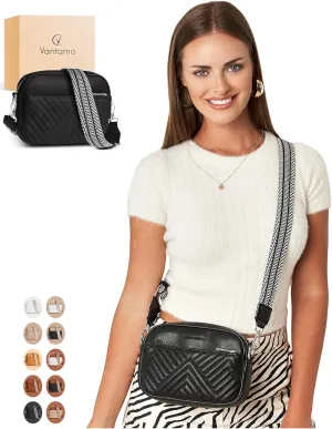 Vantamo Stone Black Crossbody Bags For Women 29.5"-55" Jacquard Adjustable Strap, Extra Safe Purses for Women with RFID & Anti-Pickpocket Clip, Smooth PU Leather Shoulder Bag with Gift Box Included