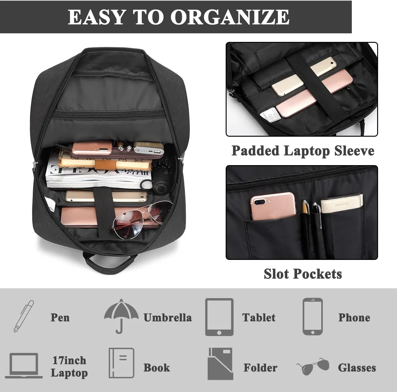 VASCHY 17 inch Laptop Backpack for Men with USB Port Lightweight Slim Business Backpack