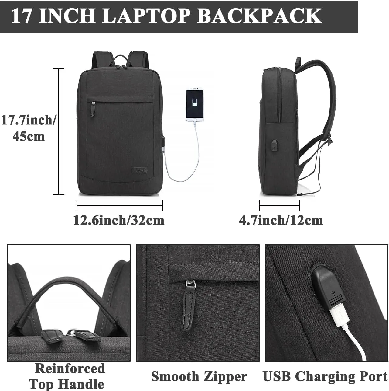 VASCHY 17 inch Laptop Backpack for Men with USB Port Lightweight Slim Business Backpack