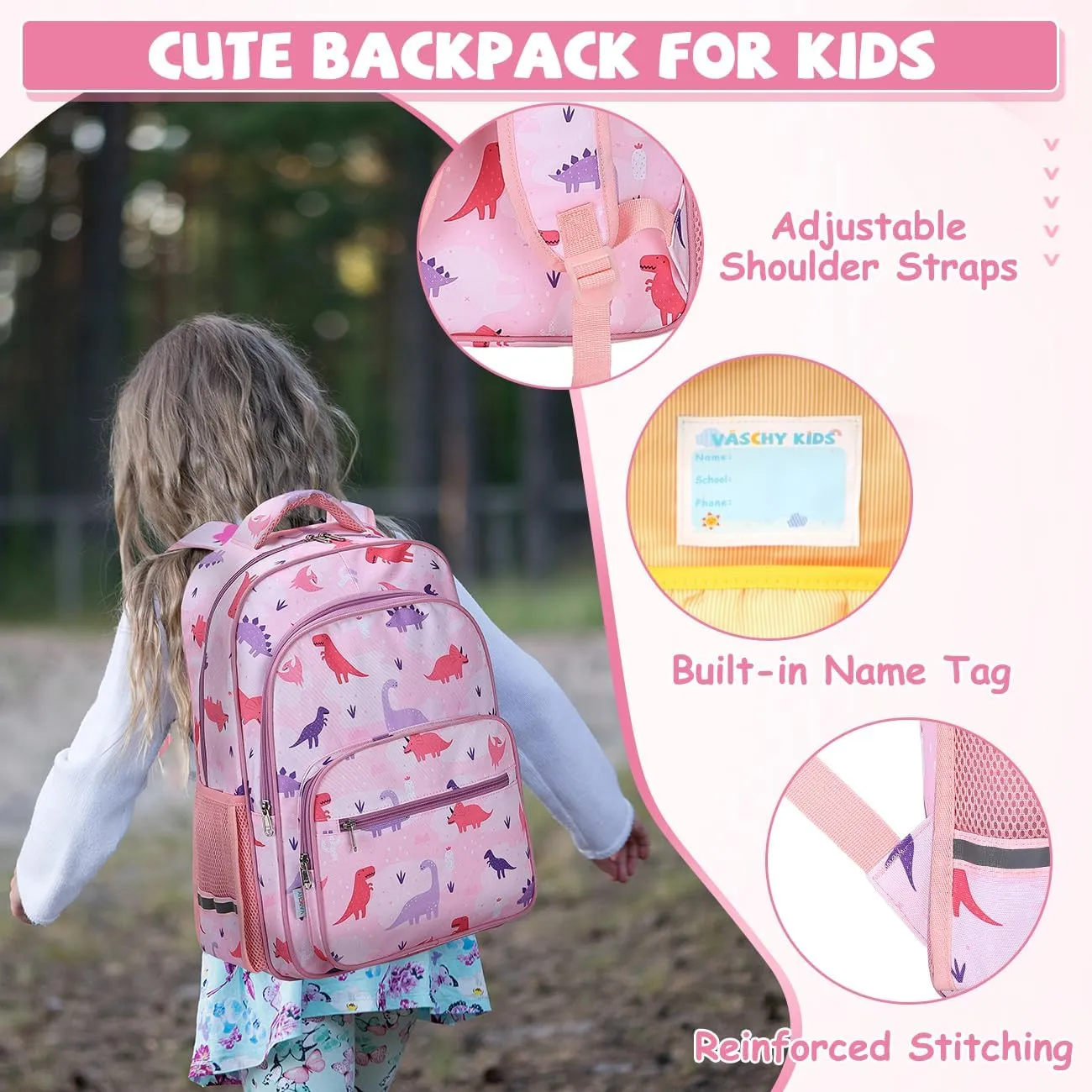 VASCHY Kids Backpack for Elementary School, Girlss Large Bookbags School Bags for Primary School/Travel Pink Dinos
