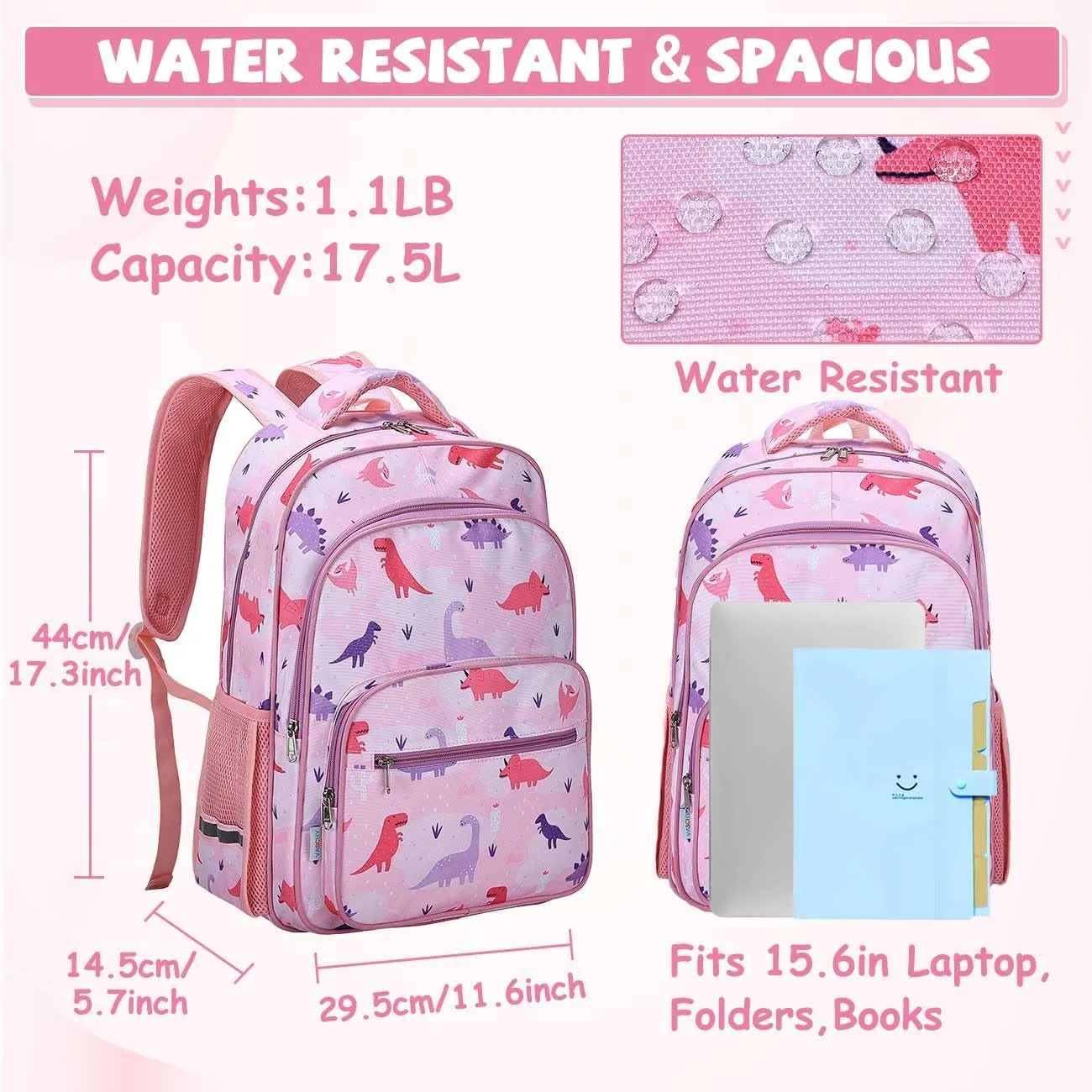 VASCHY Kids Backpack for Elementary School, Girlss Large Bookbags School Bags for Primary School/Travel Pink Dinos