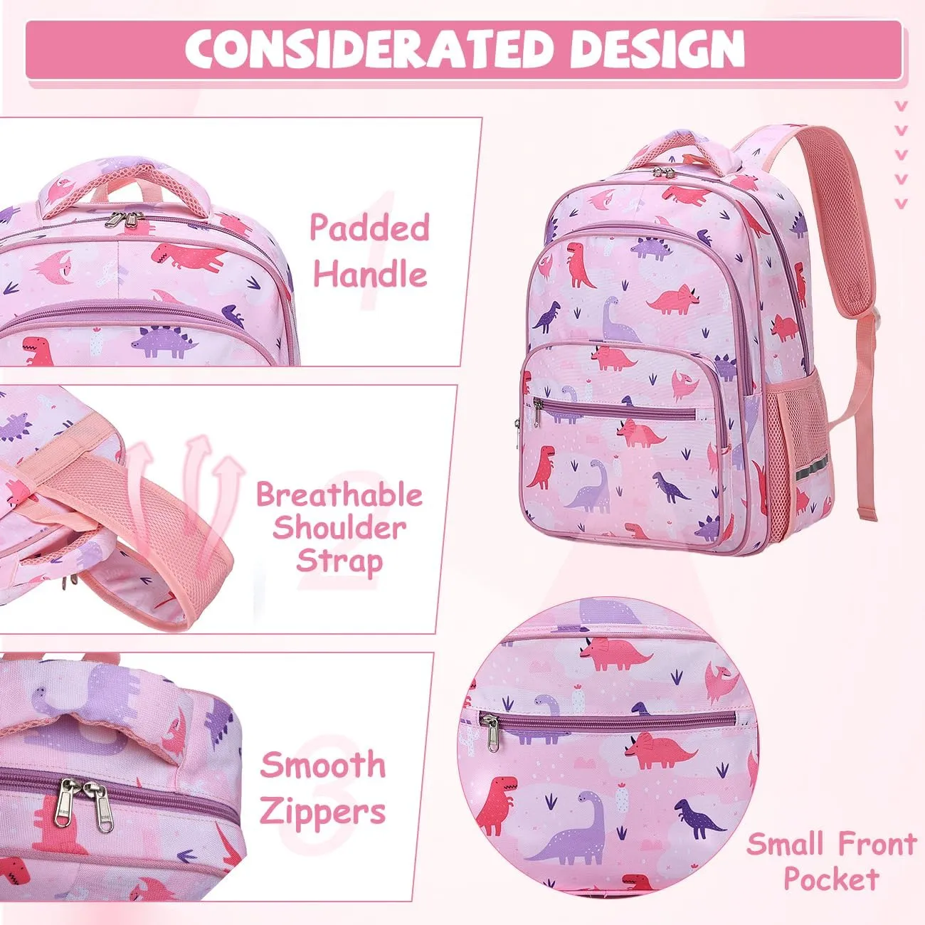 VASCHY Kids Backpack for Elementary School, Girlss Large Bookbags School Bags for Primary School/Travel Pink Dinos