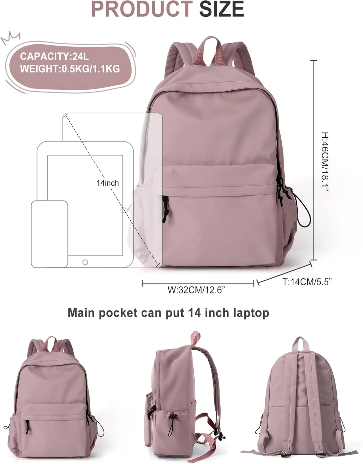 VECAVE School Backpack Purple Waterproof Bookbag Casual Lightweight Travel Rucksack Daypack Backpacks for Men Women College High School Bags backpack for Boys Girls Teens