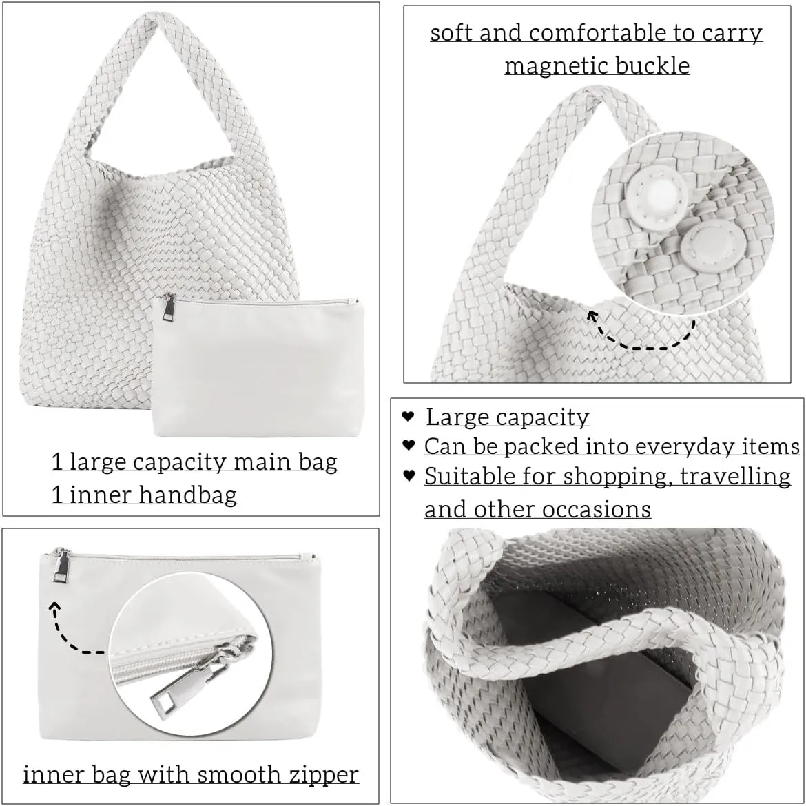 Vegan Leather Hand Woven Tote Handbag Shoulder Bag and Woven Purses Large Shopper Bag for Women