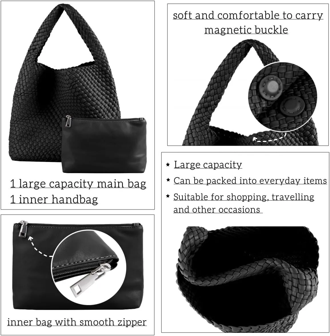 Vegan Leather Hand Woven Tote Handbag Shoulder Bag and Woven Purses Large Shopper Bag for Women