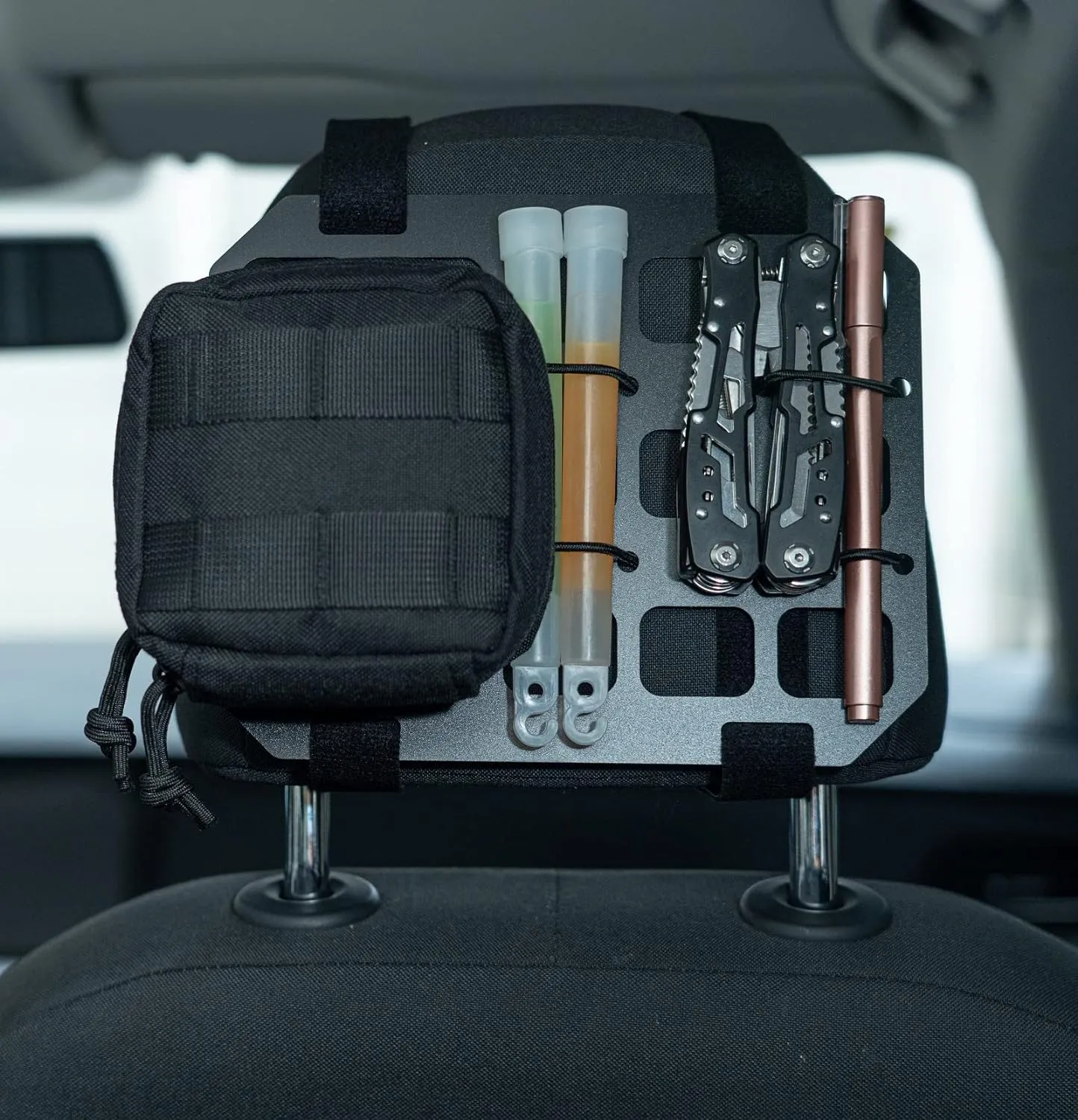 Vehicle Rigid MOLLE Panel Car Seat Headrest Organizer EDC Pouch Tool Holster Bag Holder Auto Interior Accessories Tactical Gear Rack Truck Equipment Mount Plate Modular Storage Shelf