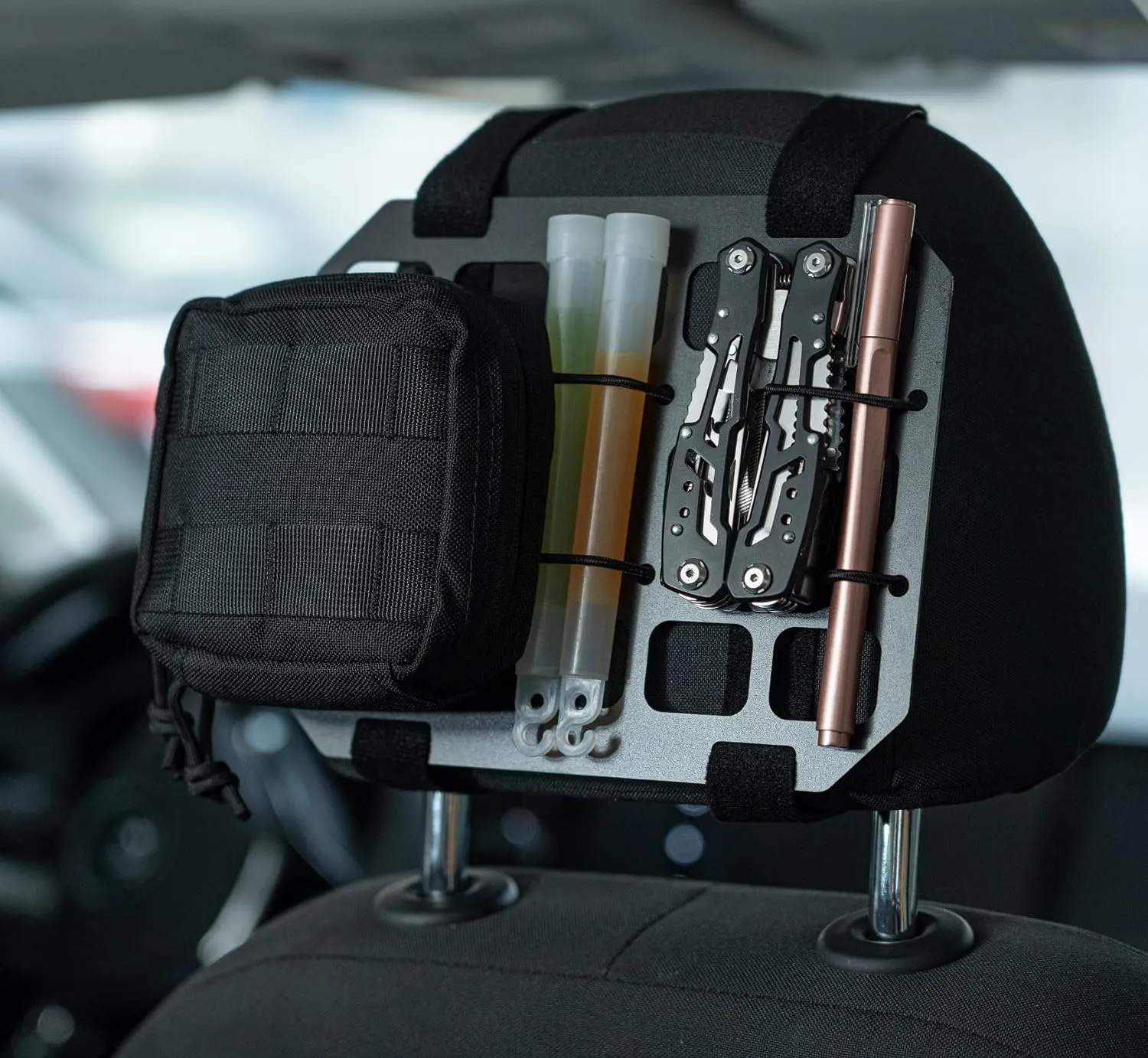 Vehicle Rigid MOLLE Panel Car Seat Headrest Organizer EDC Pouch Tool Holster Bag Holder Auto Interior Accessories Tactical Gear Rack Truck Equipment Mount Plate Modular Storage Shelf
