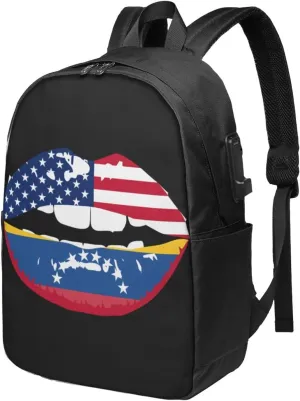 Venezuelan Venezuela American Flag Lips Laptop Backpacks Travel Backpack Casual Business Daypack Sport Rucksack Computer Bag Fits up to 17 Inch Notebook with USB Port