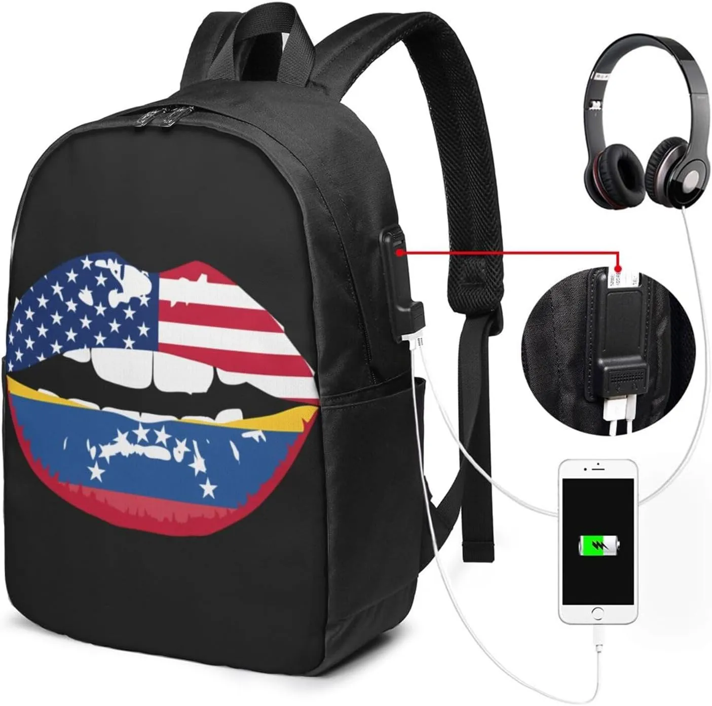 Venezuelan Venezuela American Flag Lips Laptop Backpacks Travel Backpack Casual Business Daypack Sport Rucksack Computer Bag Fits up to 17 Inch Notebook with USB Port