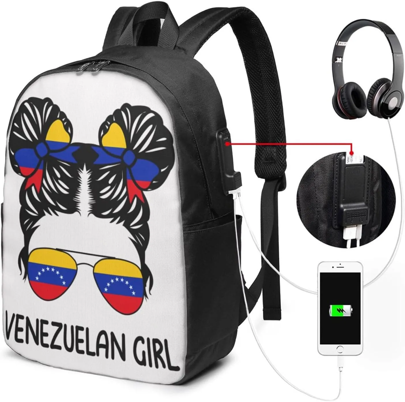 Venezuelan Venezuela Flag Messy Hair Sunglasses Laptop Backpacks Travel Backpack Casual Business Daypack Sport Rucksack Computer Bag Fits up to 17 Inch Notebook with USB Port