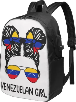 Venezuelan Venezuela Flag Messy Hair Sunglasses Laptop Backpacks Travel Backpack Casual Business Daypack Sport Rucksack Computer Bag Fits up to 17 Inch Notebook with USB Port