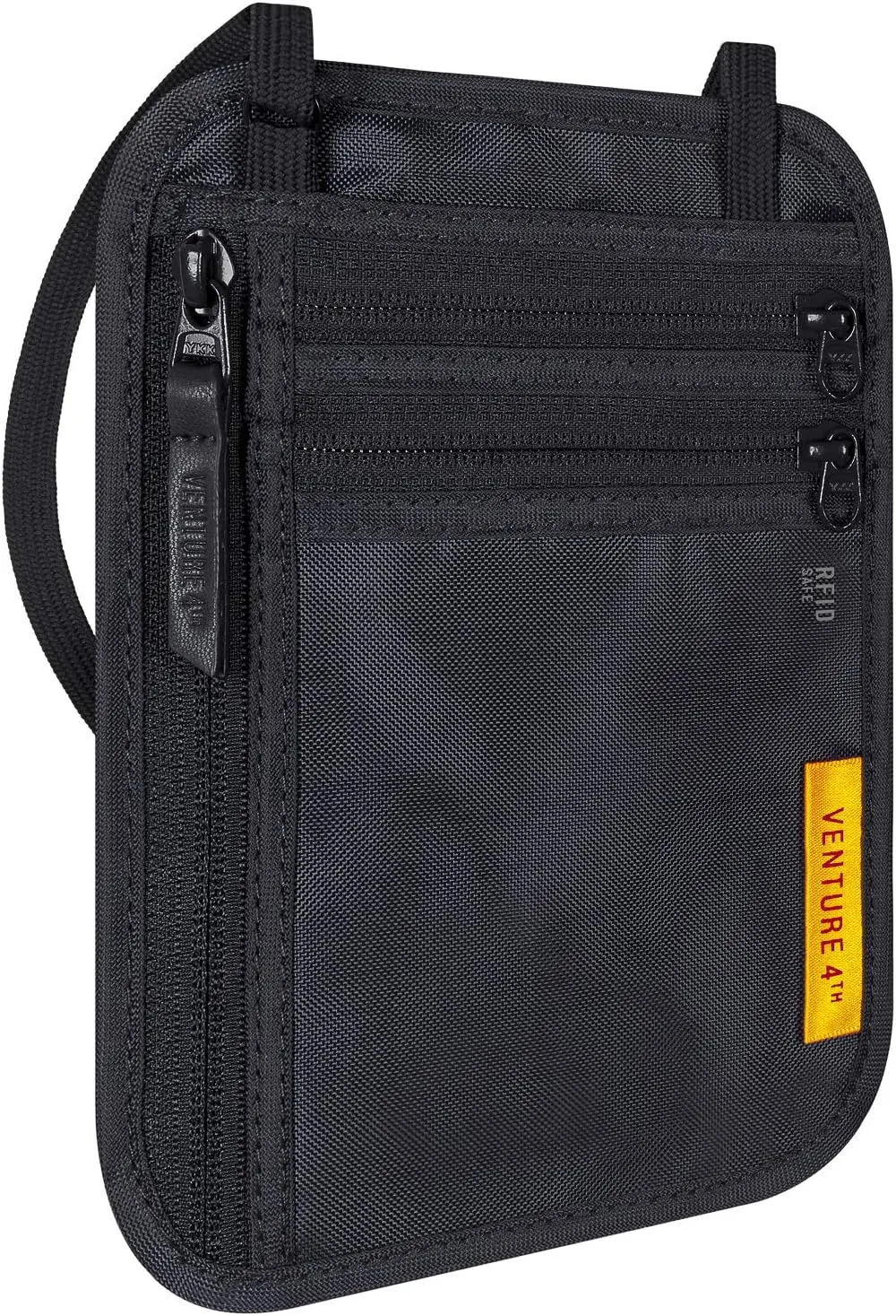 VENTURE 4TH Slim Passport Holder Neck Pouch with RFID Blocking Travel Neck Wallet and Nylon Lining (Black)