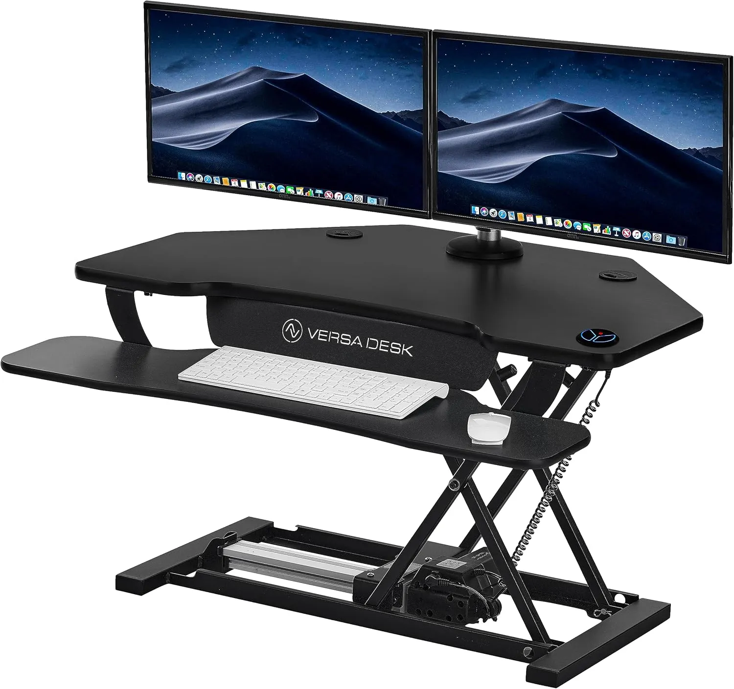 VERSADESK® PowerPro 36" Corner Standing Desk Converter, 36 Inch Motorized Height-Adjustable Standup Desk Riser Sit to Stand Desktop with Keyboard and Mouse Tray   USB Charging Port, Black