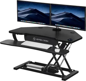 VERSADESK® PowerPro 36" Corner Standing Desk Converter, 36 Inch Motorized Height-Adjustable Standup Desk Riser Sit to Stand Desktop with Keyboard and Mouse Tray   USB Charging Port, Black