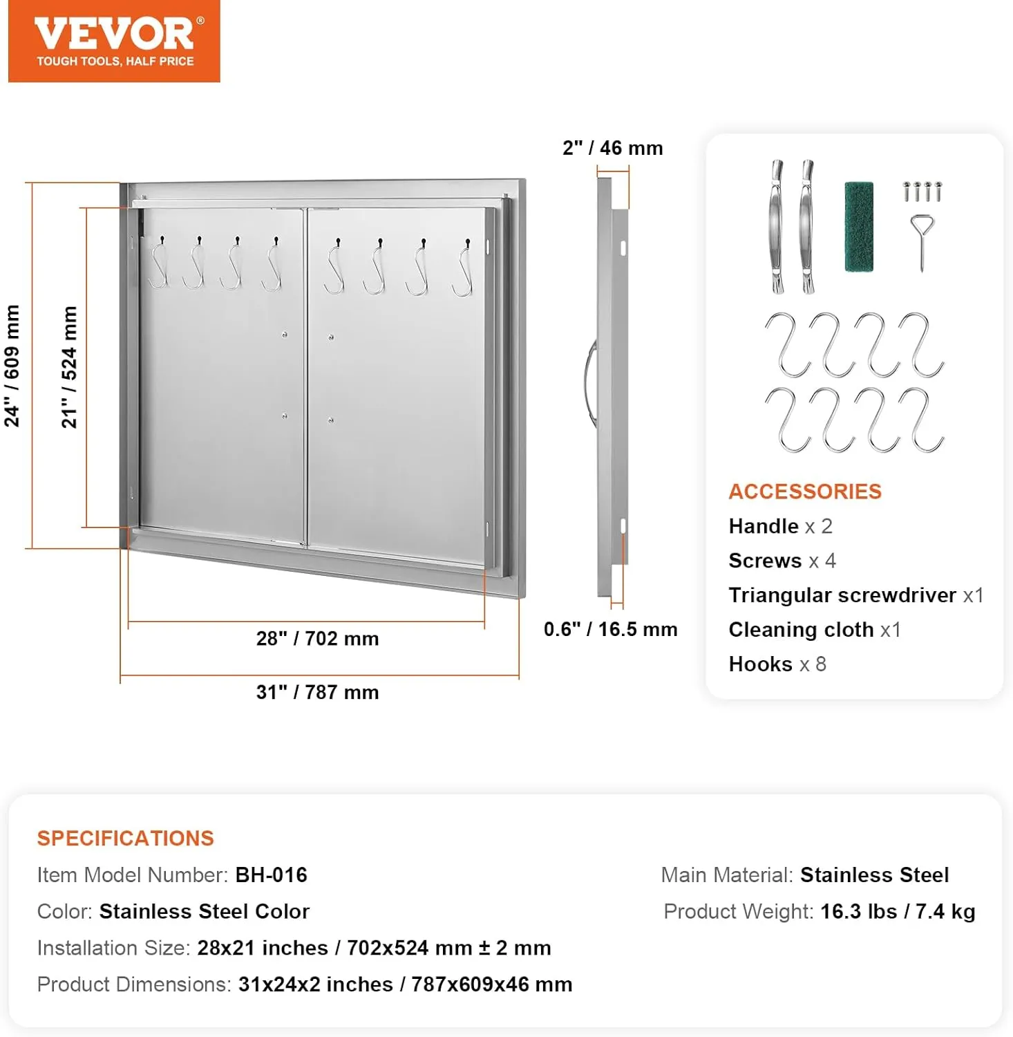 VEVOR Outdoor Kitchen Double Wall BBQ Access Door, 31W x 24H Inch Stainless Steel Flush Mount Door with Handles and Hooks for Grilling Station