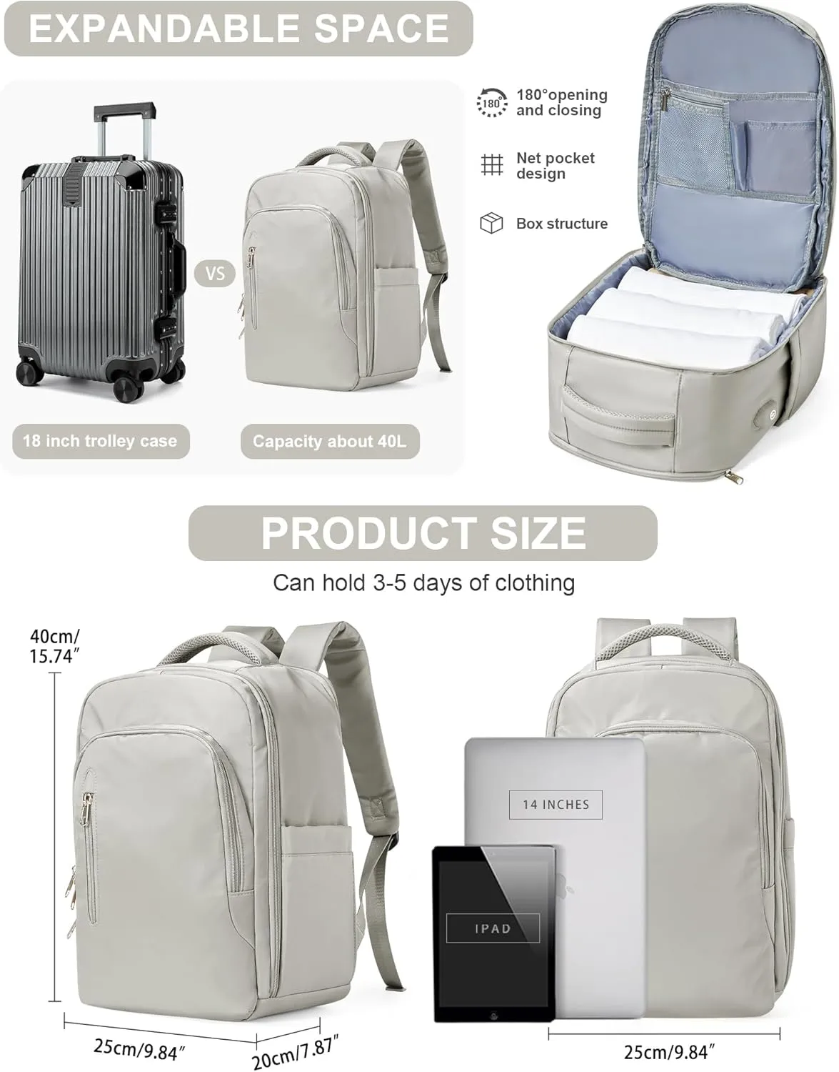 VGCUB Large Travel Backpack,Waterproof Laptop Carry on Backpack Purse for Women Men,Gym Hiking Backpack Personal Item Size Casual Daypack Work Business Backpack With USB Charging Port,Brown