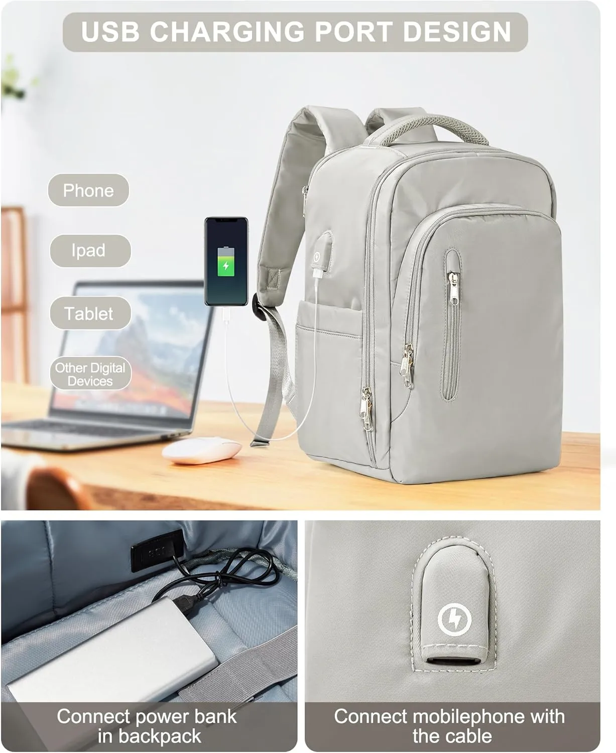 VGCUB Large Travel Backpack,Waterproof Laptop Carry on Backpack Purse for Women Men,Gym Hiking Backpack Personal Item Size Casual Daypack Work Business Backpack With USB Charging Port,Brown