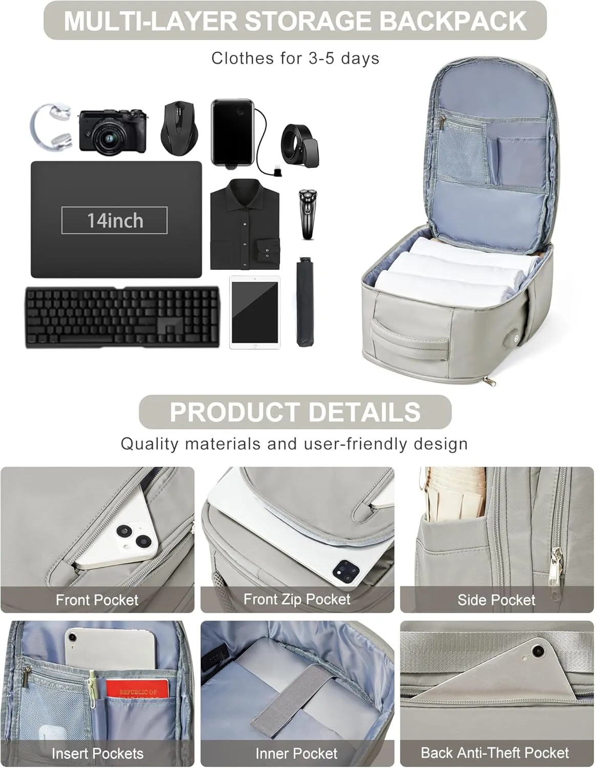 VGCUB Large Travel Backpack,Waterproof Laptop Carry on Backpack Purse for Women Men,Gym Hiking Backpack Personal Item Size Casual Daypack Work Business Backpack With USB Charging Port,Brown