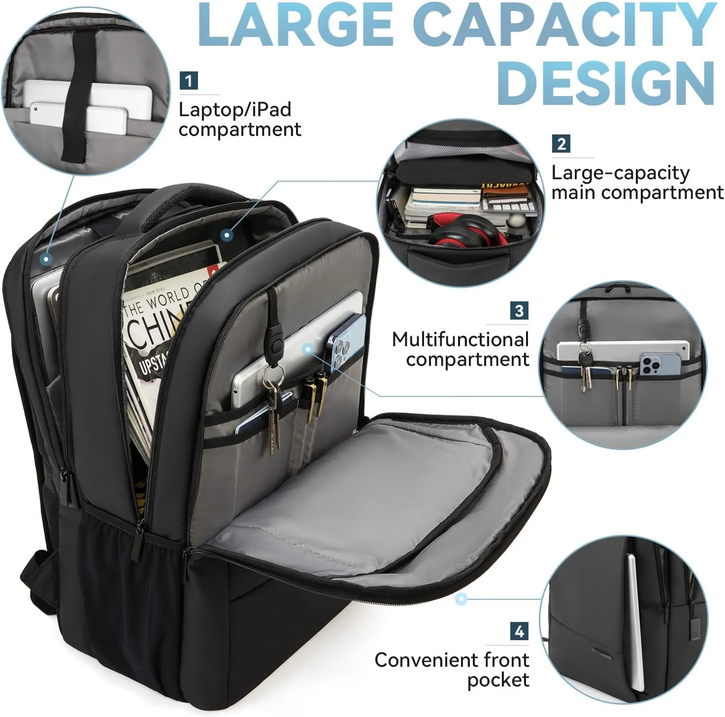 Victoriatourist Anti Theft Travel Laptop Backpack Men Women, Business Work Laptop Backpacks with Zipper Automatic Locking, Water Resistant Backpack Computer Bag Fits 17.3 Inch Notebook (Black)