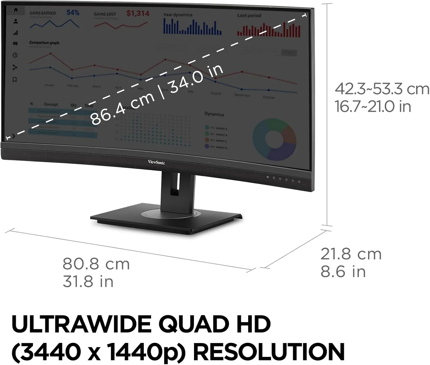 ViewSonic VG3456C 34 Inch 21:9 1440p Curved Monitor with Ergonomic Design, 100W USB C, Docking Built-in, Gigabit Ethernet RJ45 for Home and Office