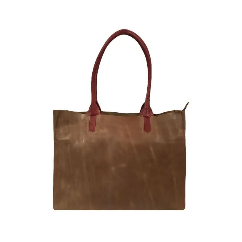 Vintage Brown Leather Tote Bag with Contrast Handles – Minimalist & Chic