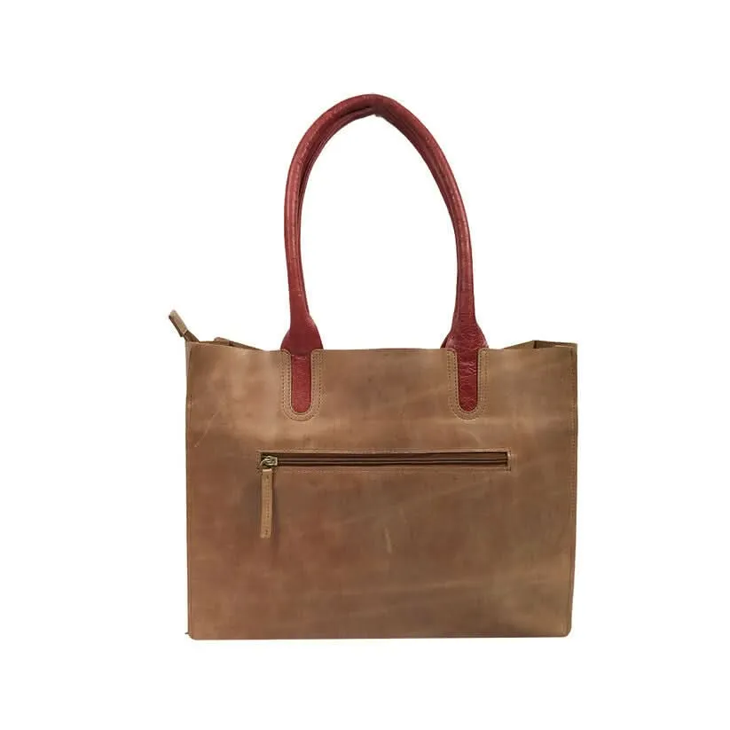 Vintage Brown Leather Tote Bag with Contrast Handles – Minimalist & Chic