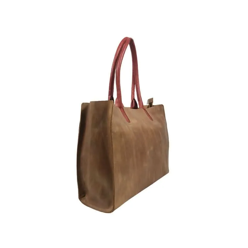 Vintage Brown Leather Tote Bag with Contrast Handles – Minimalist & Chic