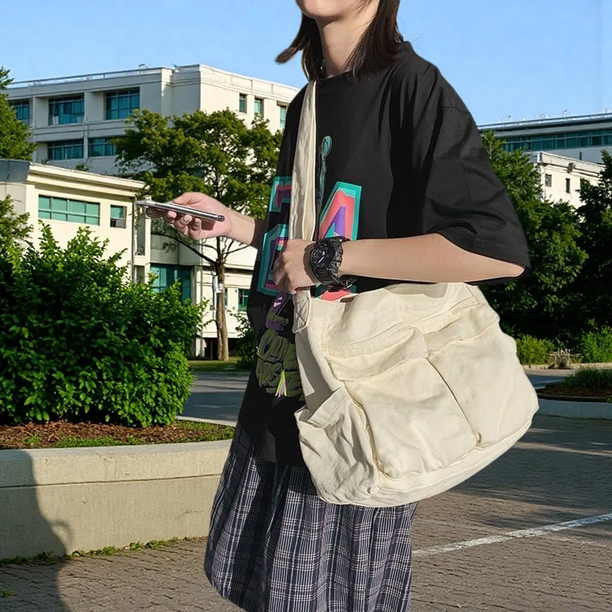 Vintage Canvas Crossbody Messenger Bag with Multiple Pockets and Hook-and-loop Closure, Ideal for School