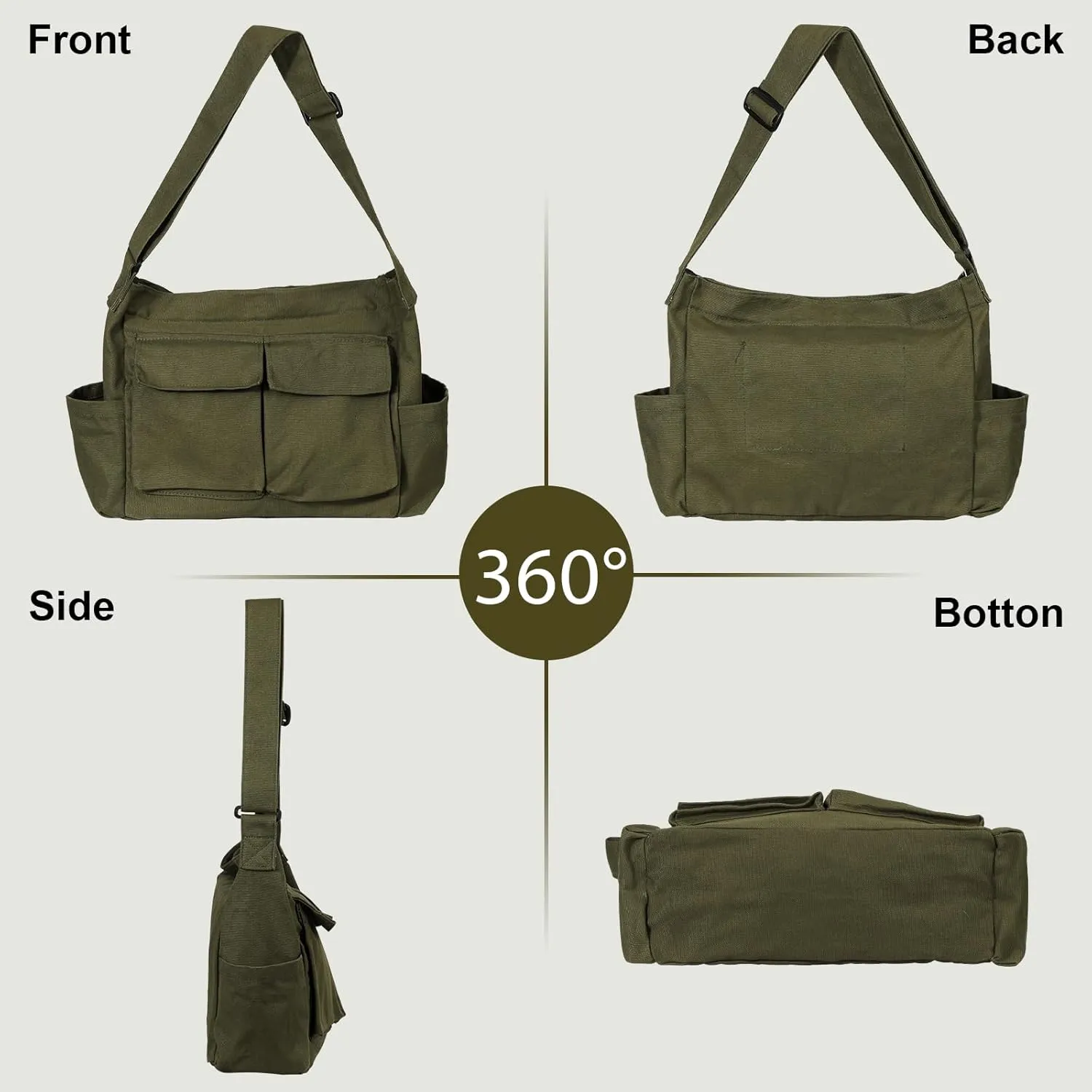 Vintage Canvas Crossbody Messenger Bag with Multiple Pockets and Hook-and-loop Closure, Ideal for School