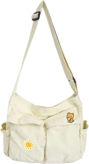 Vintage Canvas Crossbody Messenger Bag with Multiple Pockets and Hook-and-loop Closure, Ideal for School