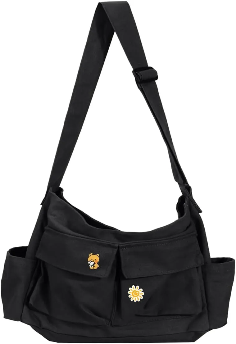 Vintage Canvas Crossbody Messenger Bag with Multiple Pockets and Hook-and-loop Closure, Ideal for School
