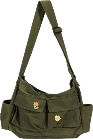 Vintage Canvas Crossbody Messenger Bag with Multiple Pockets and Hook-and-loop Closure, Ideal for School