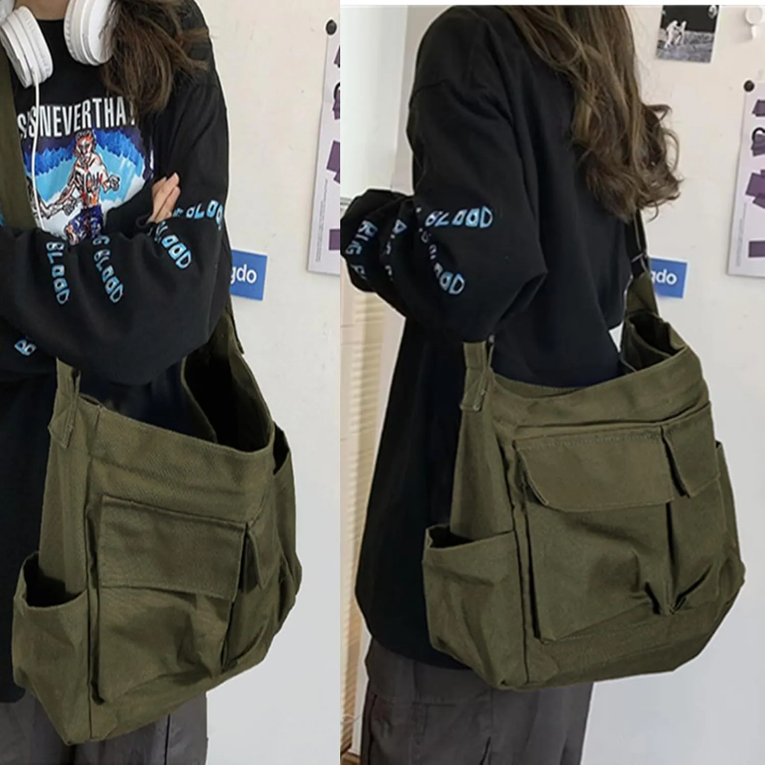 Vintage Canvas Crossbody Messenger Bag with Multiple Pockets and Hook-and-loop Closure, Ideal for School