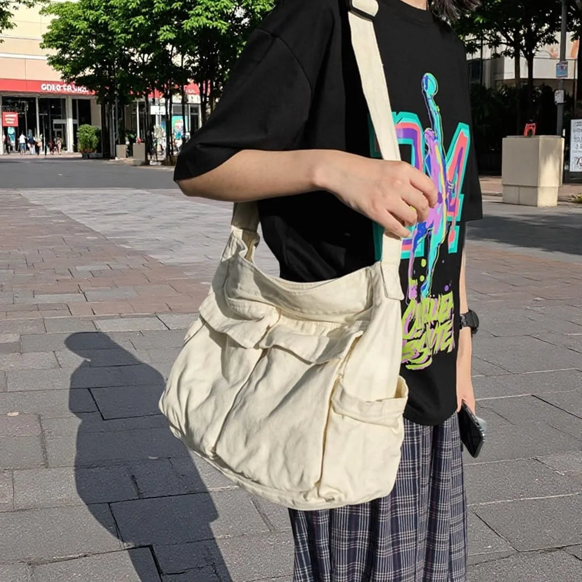 Vintage Canvas Crossbody Messenger Bag with Multiple Pockets and Hook-and-loop Closure, Ideal for School