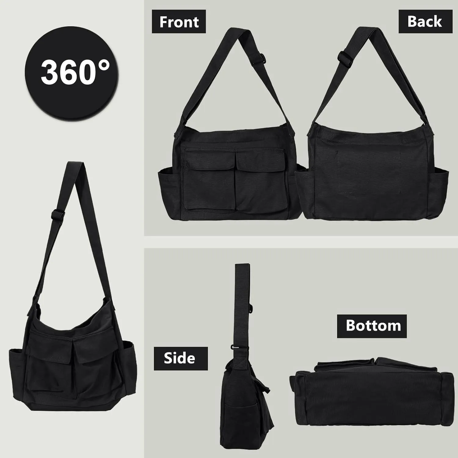 Vintage Canvas Crossbody Messenger Bag with Multiple Pockets and Hook-and-loop Closure, Ideal for School
