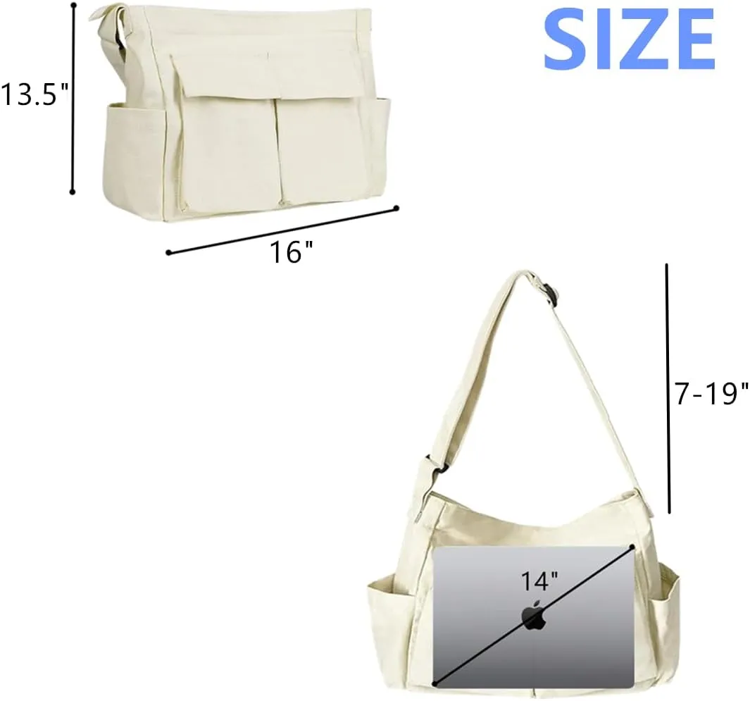 Vintage Canvas Crossbody Messenger Bag with Multiple Pockets and Hook-and-loop Closure, Ideal for School