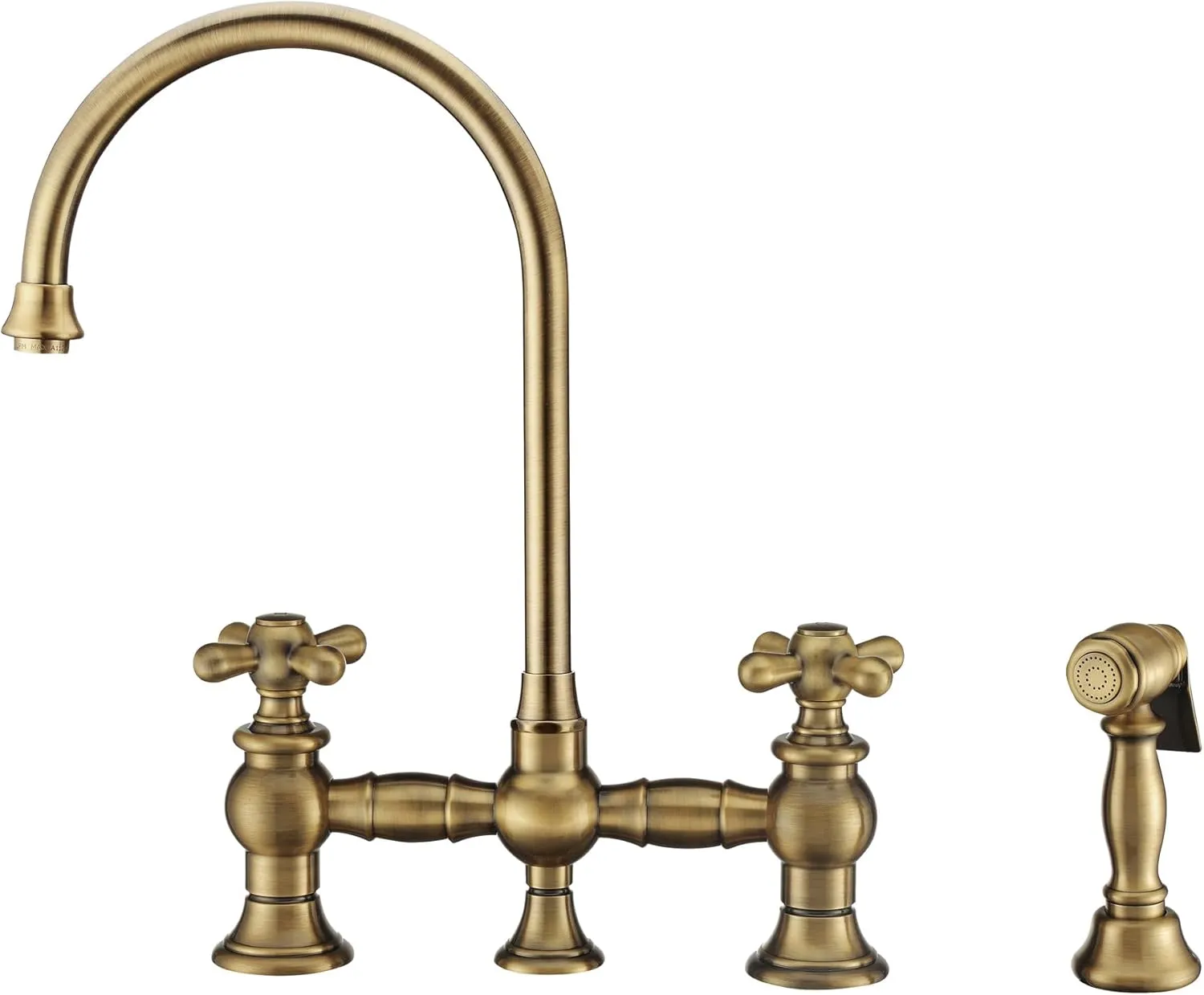 Vintage III Plus Bridge Faucet with Long Gooseneck Swivel Spout, Cross Handles and Solid Brass Side Spray