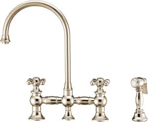 Vintage III Plus Bridge Faucet with Long Gooseneck Swivel Spout, Cross Handles and Solid Brass Side Spray