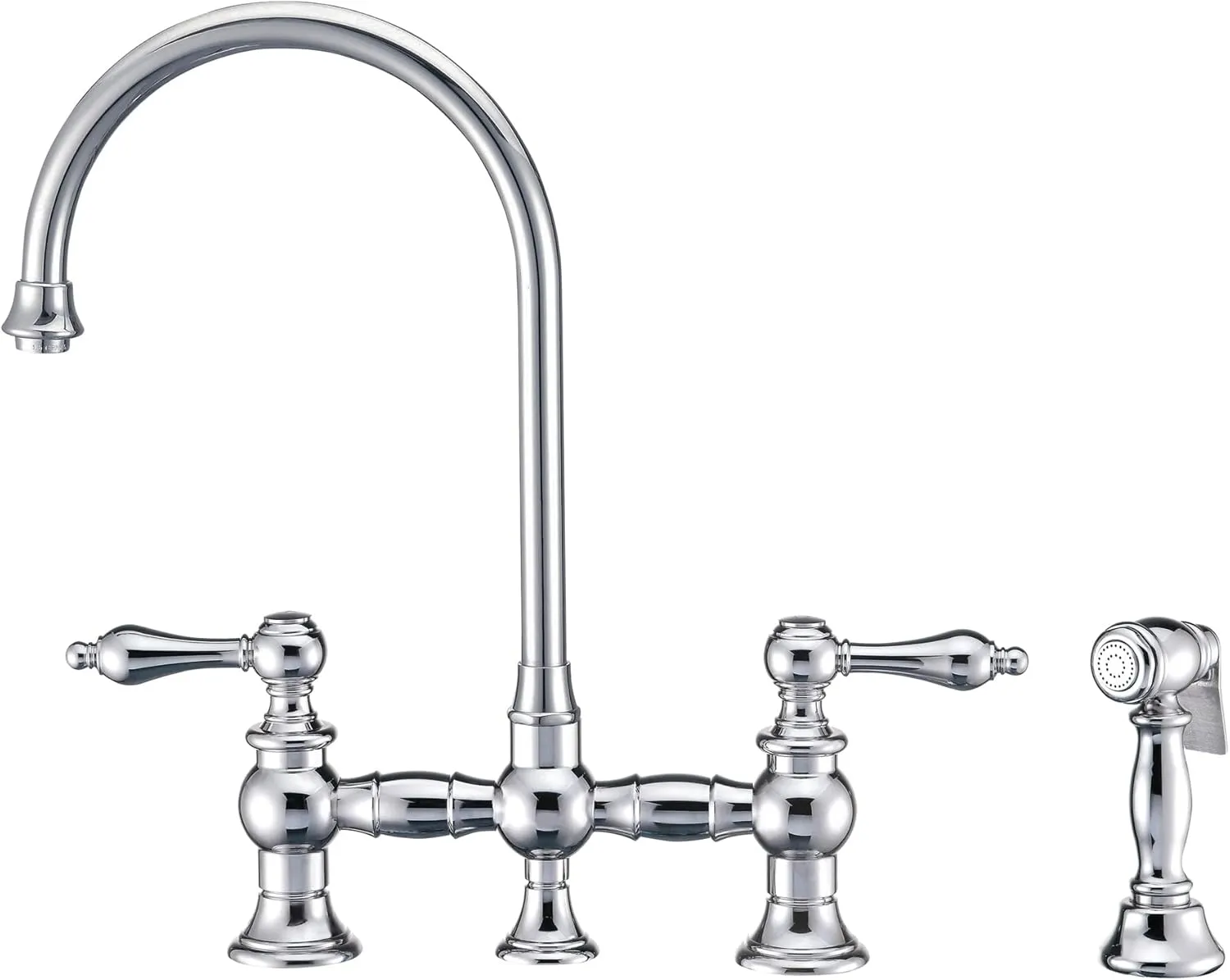 Vintage III Plus Bridge Faucet with Long Gooseneck Swivel Spout, Lever Handles and Solid Brass Side Spray