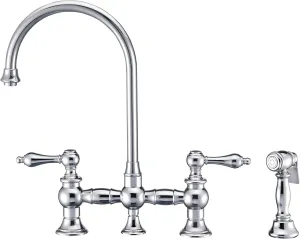 Vintage III Plus Bridge Faucet with Long Gooseneck Swivel Spout, Lever Handles and Solid Brass Side Spray